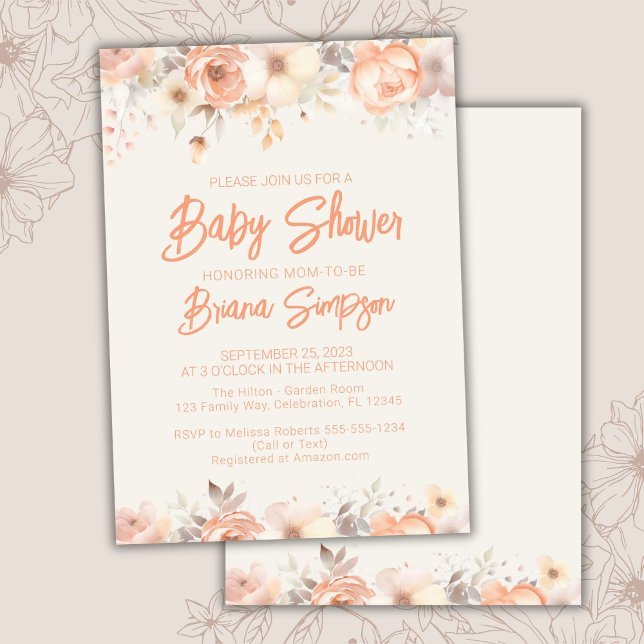 Convites Chuva de Bebê Floral Bege Marfim Pêssego (Criador carregado)