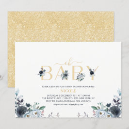 Convites Chuva de Bebê Floral Boho Azul Marinho & Dourado E