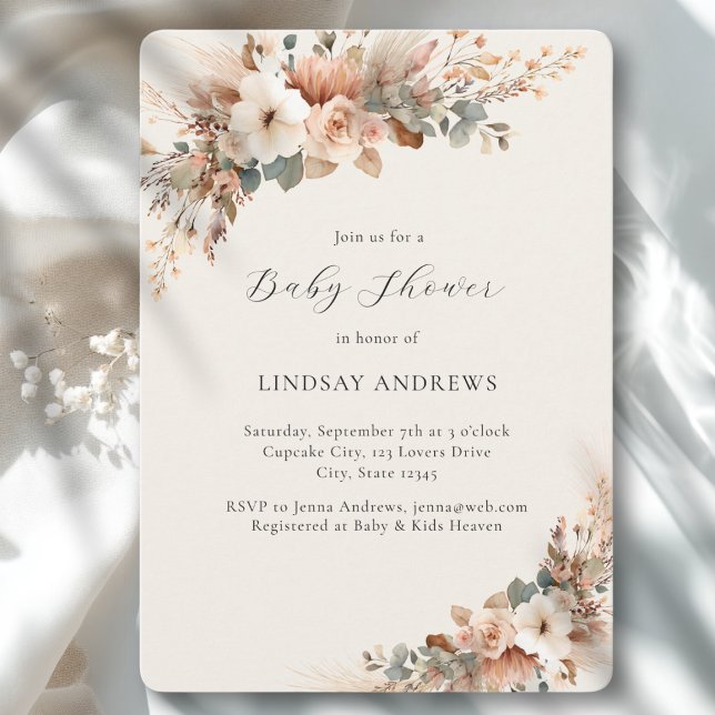 Convites Chuva de Bebê Floral Boho Grama Pampas Bege (Boho Floral Pampas Grass Beige Baby Shower Invitation)