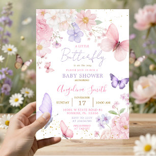 Convites Chuva de Bebê Floral Borboleta Pequena Rosa e Roxo