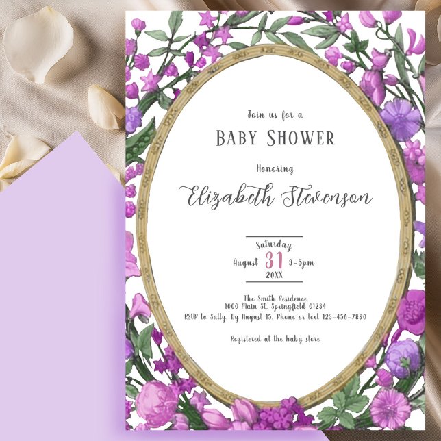 Convites Chuva de Bebê Floral Botânico Rosa Roxo Elegante (Criador carregado)