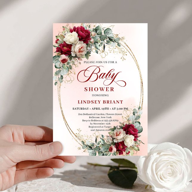 Convites Chuva de Bebê Floral Burgundy Boêmio Atemporal em  (Timeless Bohemian Burgundy Floral Baby Shower Invite)