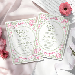 Convites Chuva de Bebê Floral Caprichosa Rosa e Verde