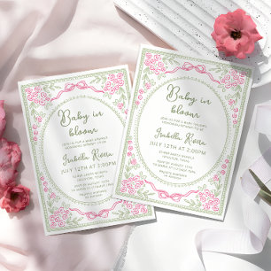 Convites Chuva de Bebê Floral Caprichosa Rosa e Verde