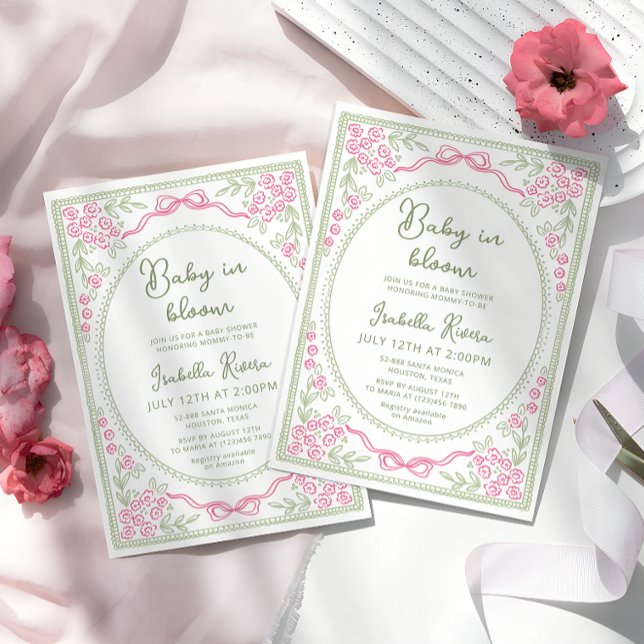 Convites Chuva de Bebê Floral Caprichosa Rosa e Verde  (Criador carregado)