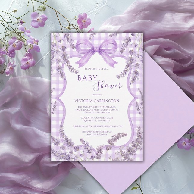 Convites Chuva de Bebê Floral Caprichosa Xadrez Branco Roxo (Criador carregado)