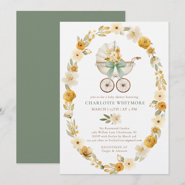 Convites Chuva de Bebê Floral Carruagem | Design Verde Sage (Frente/Verso)