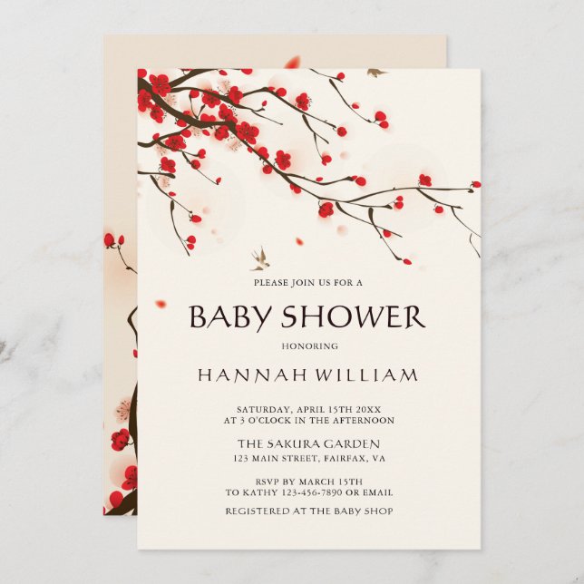 Convites Chuva de Bebê Floral com Flores de Cerejeira em Aq (Frente/Verso)