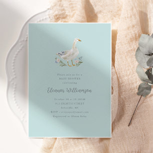 Convites Chuva de Bebê Floral com Ganso em Aquarela em Verd