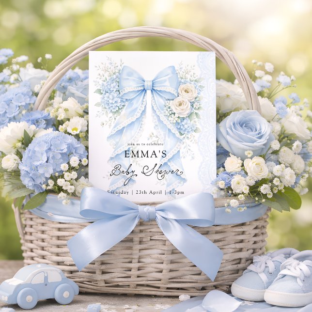 Convites Chuva de Bebê Floral com Laço Azul Elegante (Criador carregado)
