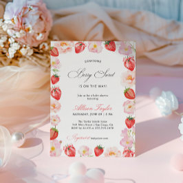 Convites Chuva de Bebê Floral com Laço de Morango Rosa