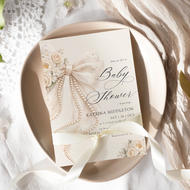 Convites Chuva de Bebê Floral com Laço Pérola Elegante (Criador carregado)