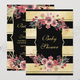 Convites Chuva de Bebê Floral com Listras Douradas Elegante