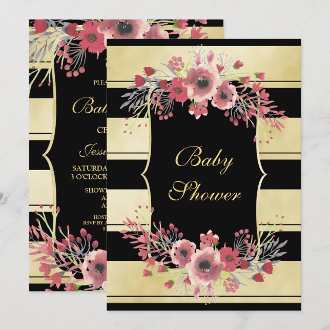 Convites Chuva de Bebê Floral com Listras Douradas Elegante (Frente/Verso)