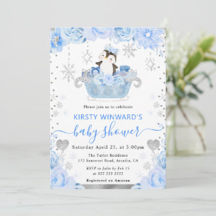 Convites Chuva de Bebê Floral com Pinguim Ártico em Aquarel