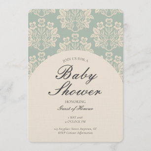 Convites Chuva de Bebê Floral Damask Vintage Ciano Bege
