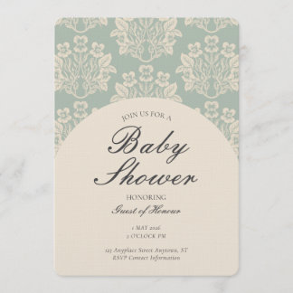 Convites Chuva de Bebê Floral Damask Vintage Ciano Bege