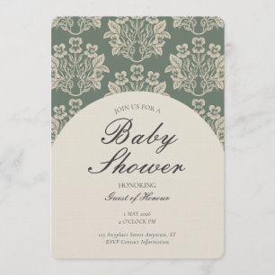 Convites Chuva de Bebê Floral Damask Vintage Verde Bege