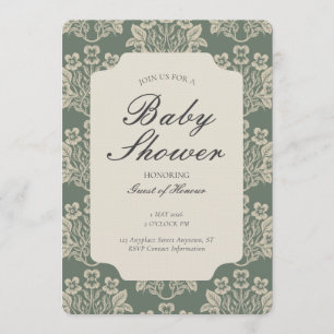 Convites Chuva de Bebê Floral Damask Vintage Verde Bege