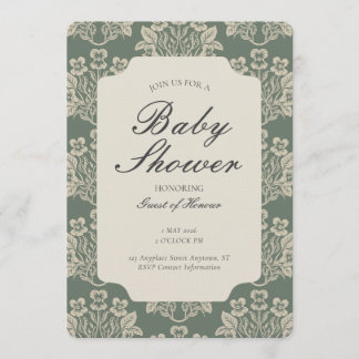 Convites Chuva de Bebê Floral Damask Vintage Verde Bege