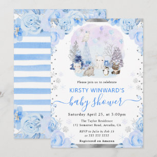 Convites Chuva de Bebê Floral de Animais Árticos em Aquarel