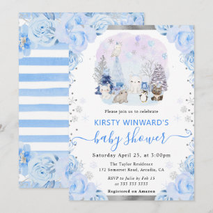Convites Chuva de Bebê Floral de Animais Árticos em Aquarel