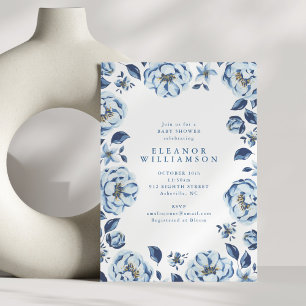 Convites Chuva de Bebê Floral de Flores Azuis Elegantes