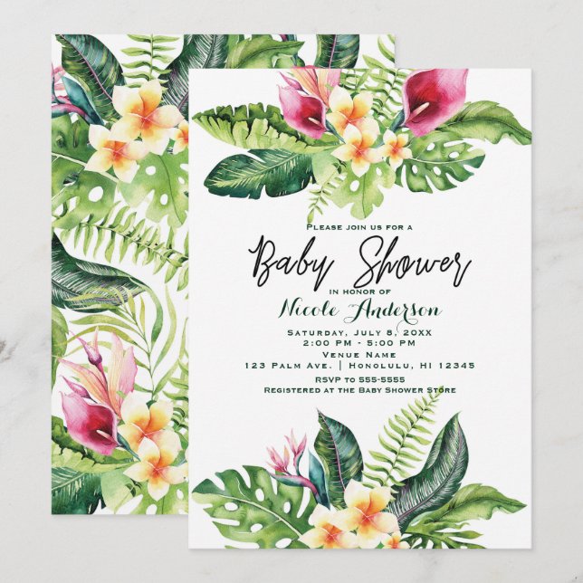 Convites Chuva de Bebê Floral de Flores & Folhas Tropicais (Frente/Verso)