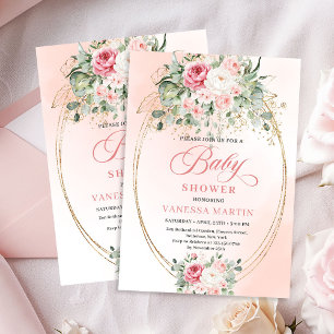 Convites Chuva de Bebê Floral Dourada Boêmia Moderna Rosa