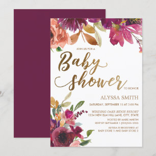 Convites Chuva de Bebê Floral Dourada Burgundy Elegante