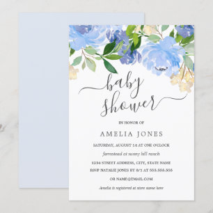 Convites Chuva de Bebê Floral em Aquarela Azul Marinho