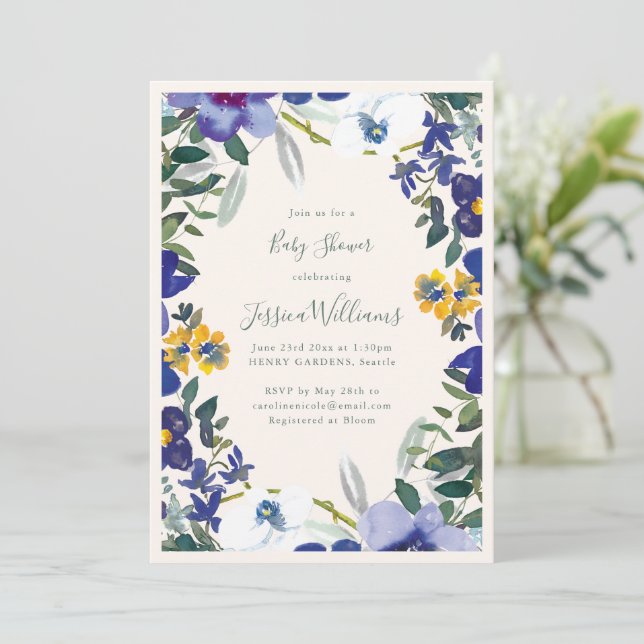 Convites Chuva de Bebê Floral em Aquarela Azul Roxo (Em pé/Frente)