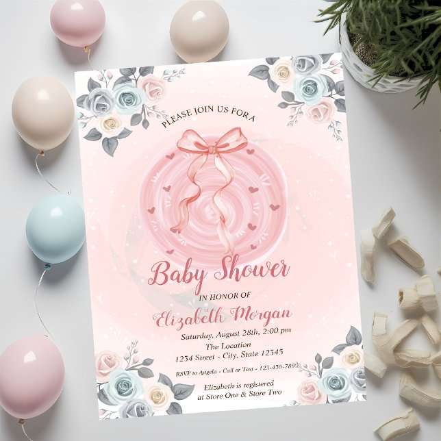 Convites Chuva de Bebê Floral em Aquarela com Laço Rosa (Criador carregado)