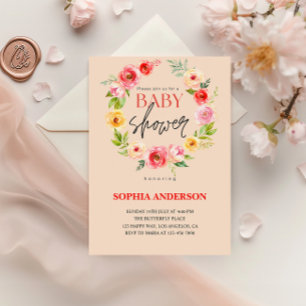Convites Chuva de Bebê Floral em Aquarela Elegante em Rosa