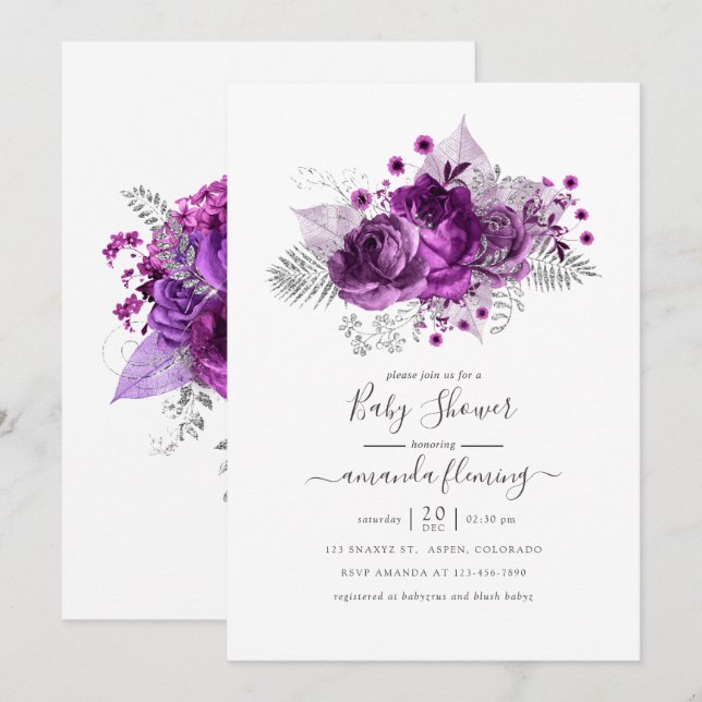 Convites Chuva de Bebê Floral em Aquarela Roxo e Prata (Frente/Verso)