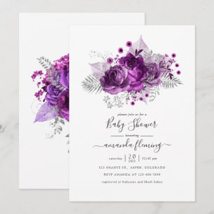 Convites Chuva de Bebê Floral em Aquarela Roxo e Prata