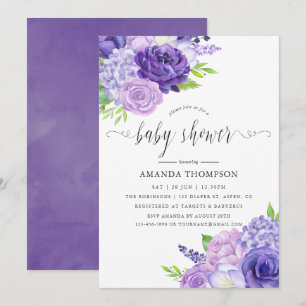 Convites Chuva de Bebê Floral em Aquarela Violeta Ultra