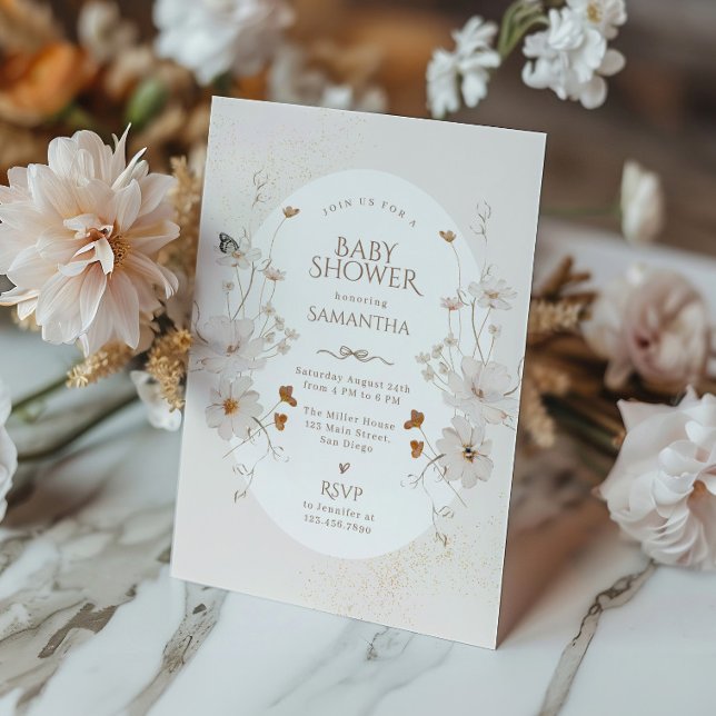 Convites Chuva de Bebê Floral em Beige Boho em Aquarela (Criador carregado)