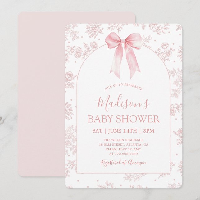 Convites Chuva de Bebê Floral Laço Rosa Toile Francês Vinta (Frente/Verso)