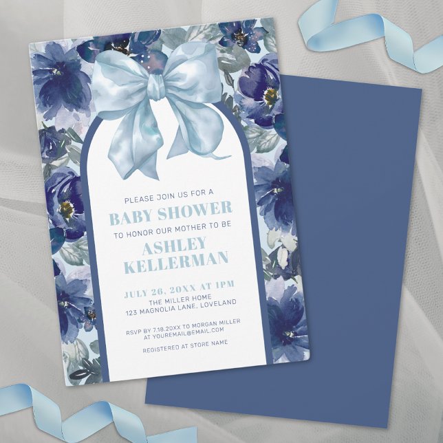 Convites Chuva de Bebê Floral Menino Azul Laço (Floral Boy Blue Bow Baby Shower Invitation)