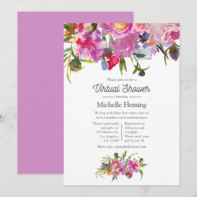Convites Chuva de Bebê Floral Peônias Rosa Antigo Virtual (Frente/Verso)
