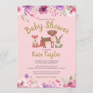 Convites Chuva de Bebê Floral Rosa Animais de Bosque Verde