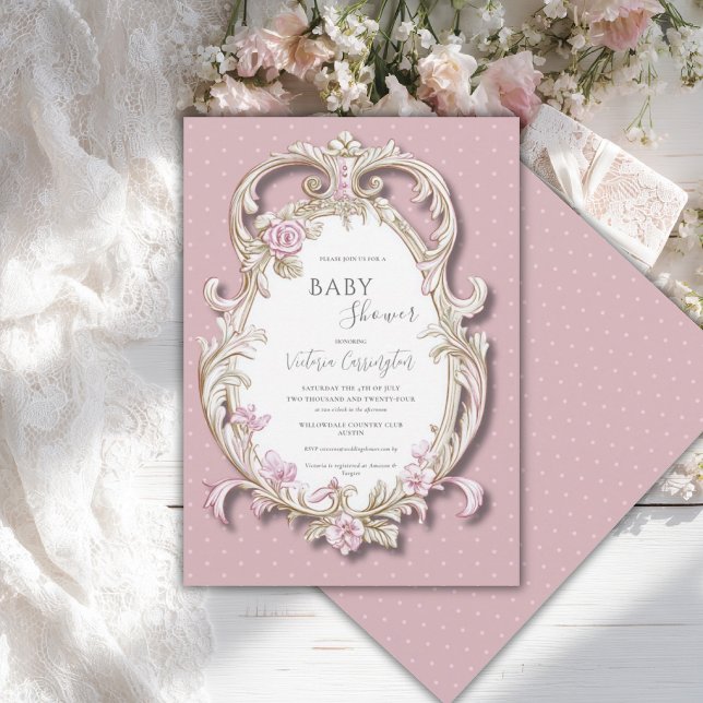 Convites Chuva de Bebê Floral Rosa Elegante Quadro Dourado (Criador carregado)