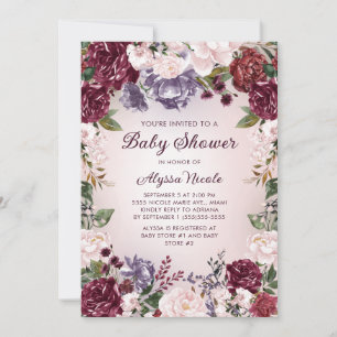 Convites Chuva de Bebê Floral Rosa Roxo Borgonha
