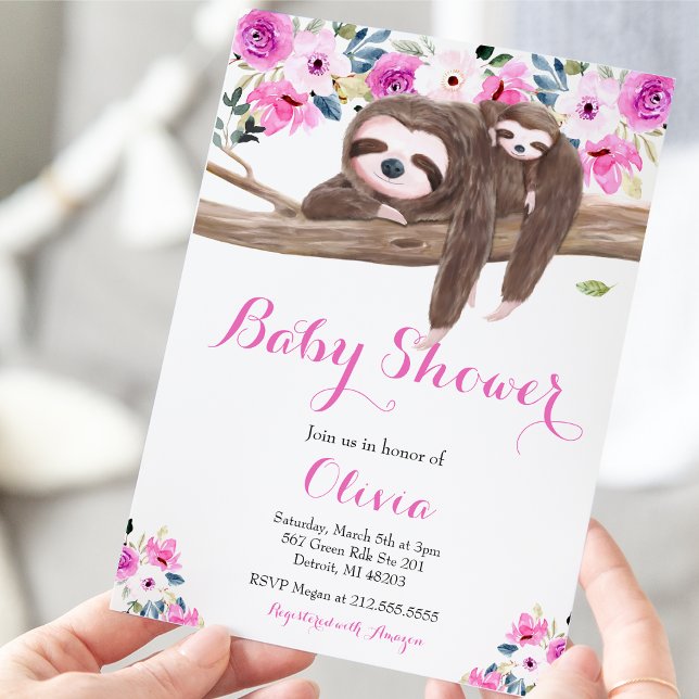 Convites Chuva de Bebê Floral Rosa Sloth Sonolento (Criador carregado)