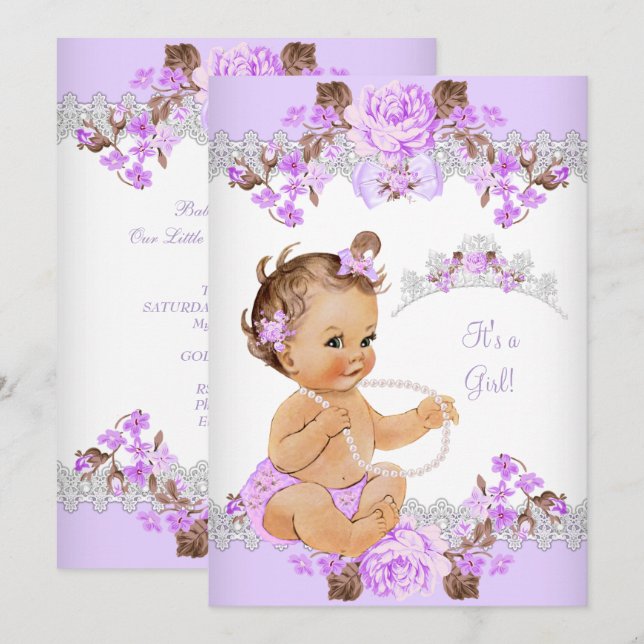 Convites Chuva de Bebê Floral Roxa Princesa Menina Morena (Frente/Verso)