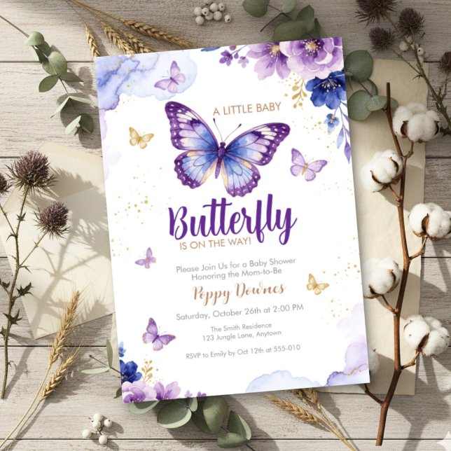 Convites Chuva de Bebê Floral Roxo Azul Borboleta (Criador carregado)