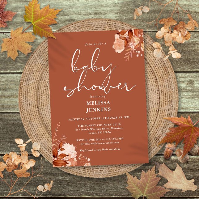 Convites Chuva de Bebê Floral Rústico Outono (Rustic Floral Autumn Fall Baby Shower Invitation)