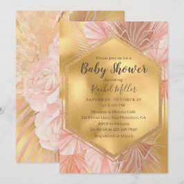 Convites Chuva de Bebê Floral Tropical em Dourado Rosa