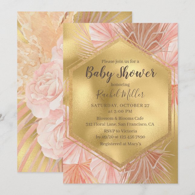 Convites Chuva de Bebê Floral Tropical em Dourado Rosa (Frente/Verso)